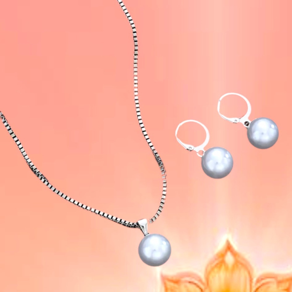 Silver Pearl Pendant Necklace and Earring Set - Silver